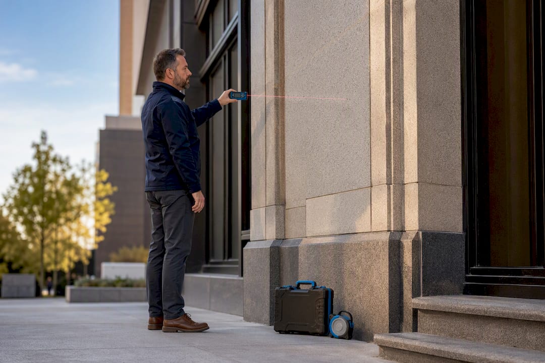 Appraiser measuring commercial property exterior