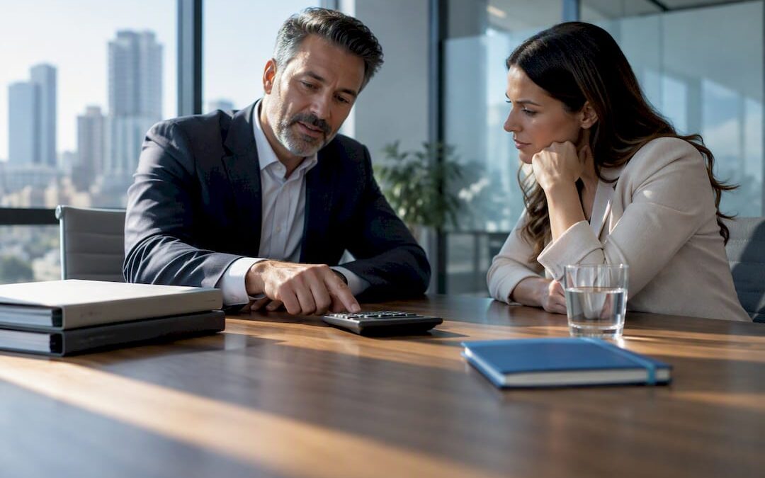 Advisor and business owner reviewing financial fees