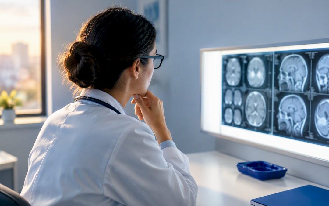 Specialist reviewing diagnostic scan for illness claim