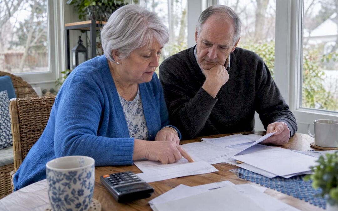 Retired couple reviewing pension income slips