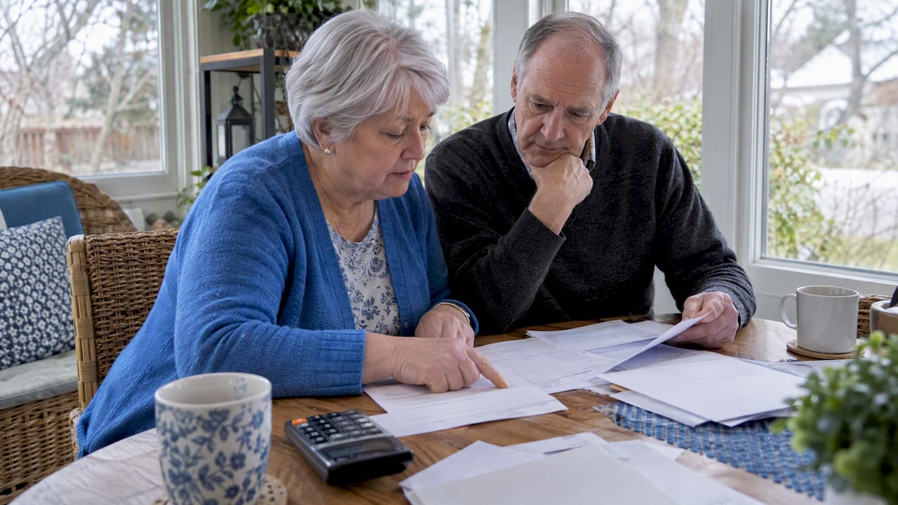 1791619416383 Retired Couple Reviewing Pension Income Slips
