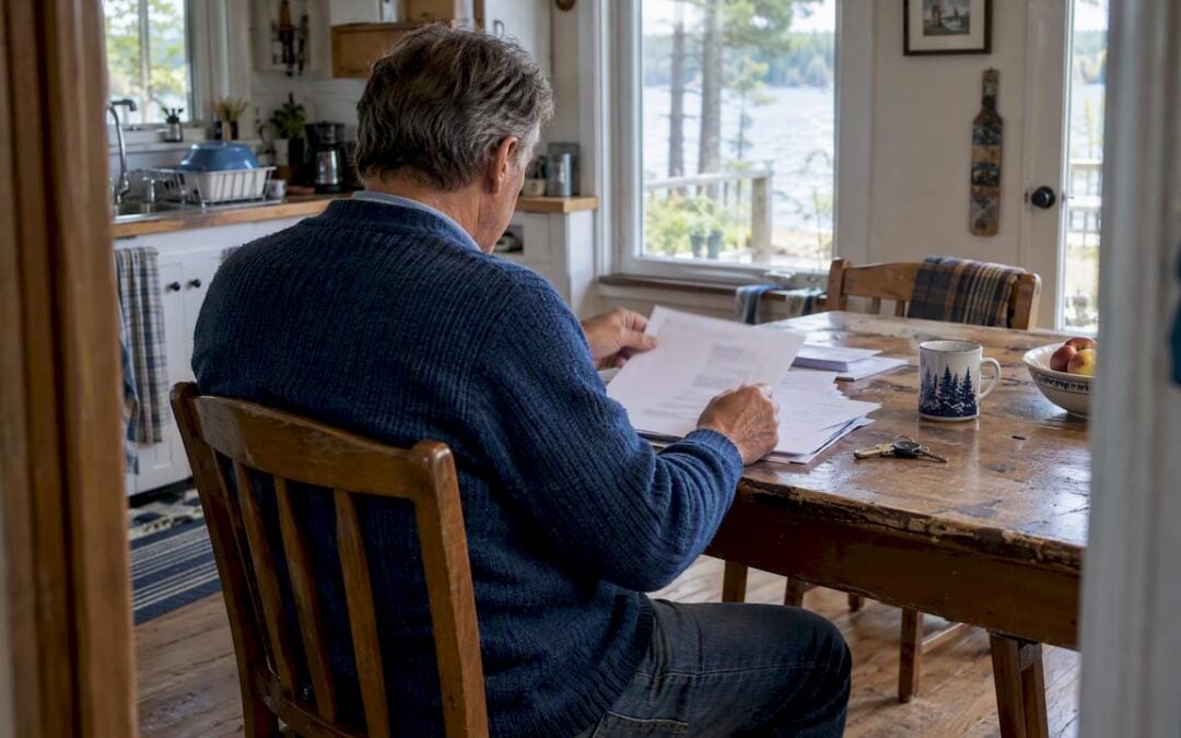 Executor reviewing estate papers at cottage
